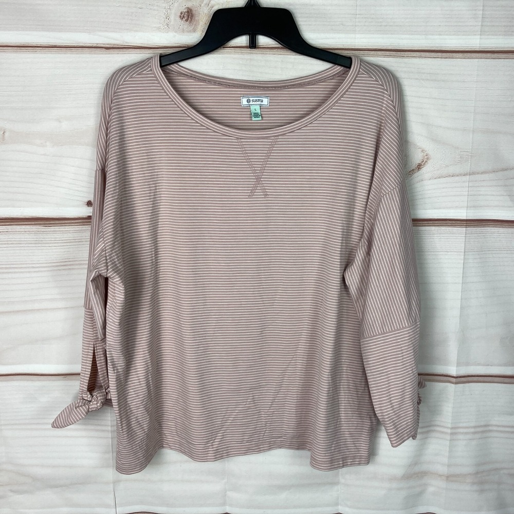 Susina Top Womens L Pink White Stripe T-Shirt Tie Sleeve Scoop Neck Jersey Knit